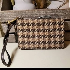 Coach Leather & Tweed Houndstooth Wristlet